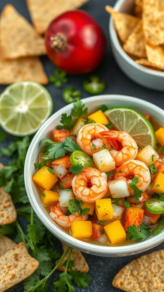 A bowl of shrimp ceviche with mango and cilantro, garnished with lime slices and served with tortilla chips.