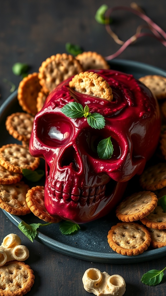 A spooky skull-shaped beetroot dip surrounded by crackers, perfect for Halloween.