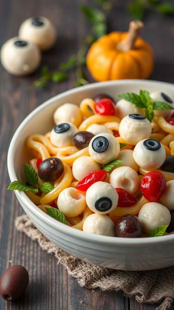 A bowl of Eyeball Pasta Salad with mozzarella balls, cherry tomatoes, and olives, garnished with mint leaves.