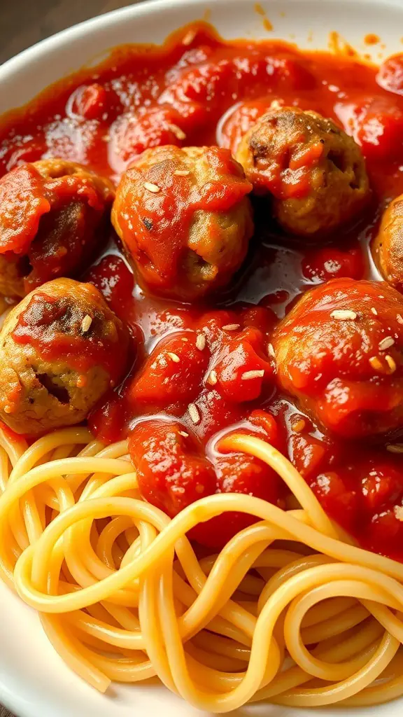 A plate of spaghetti topped with Italian sausage meatballs and marinara sauce.