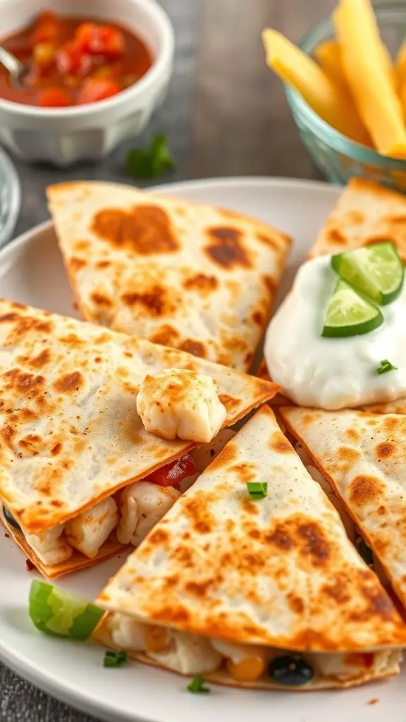 Delicious chipotle shrimp quesadillas served with salsa and sour cream.