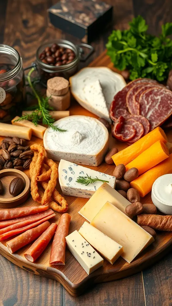 A beautifully arranged charcuterie board featuring various cheeses, meats, nuts, and herbs.