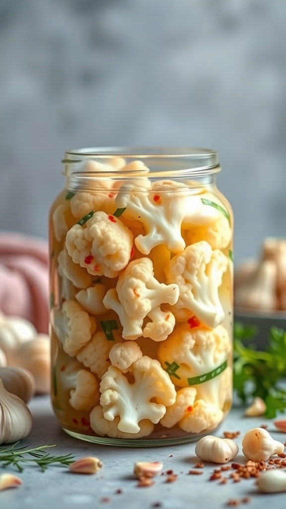A jar of pickled cauliflower with garlic, showcasing the vibrant florets in a tangy brine.
