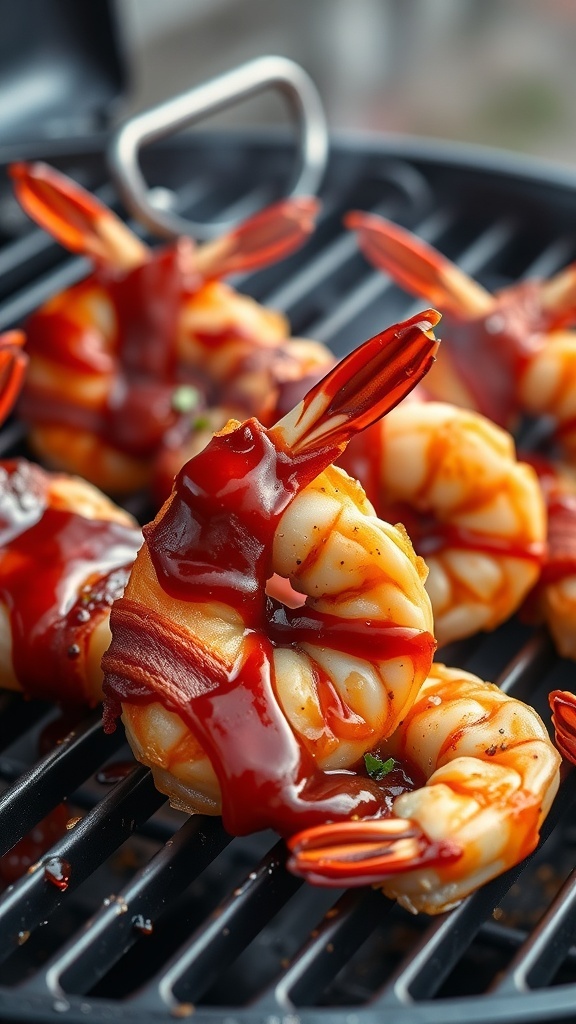 Bacon-wrapped shrimp on a grill with BBQ sauce