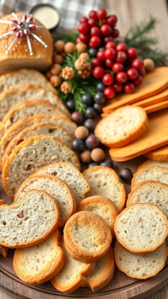 A festive charcuterie board featuring assorted breads and crackers, decorated with seasonal berries and herbs.