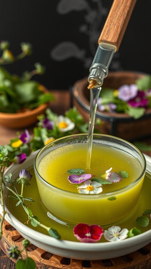 A bowl of herbal green tea broth with fresh herbs and edible flowers