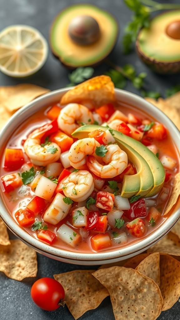 A bowl of ceviche de camarón with shrimp, tomatoes, and avocado, surrounded by tortilla chips.