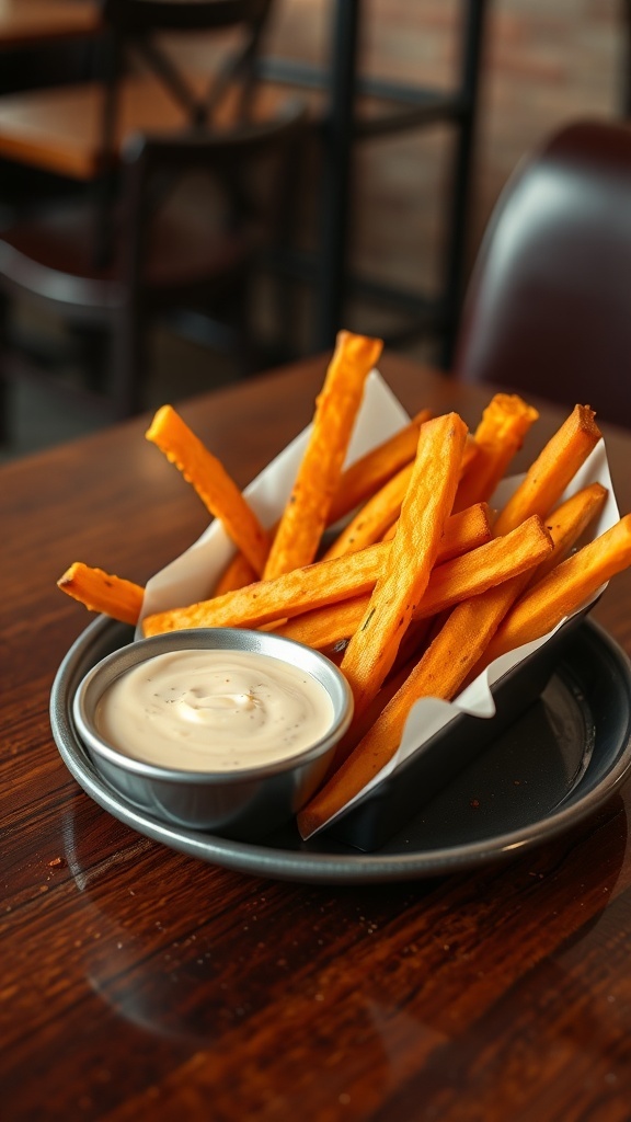 A plate of sweet potato fries served with a spicy aioli dip.
