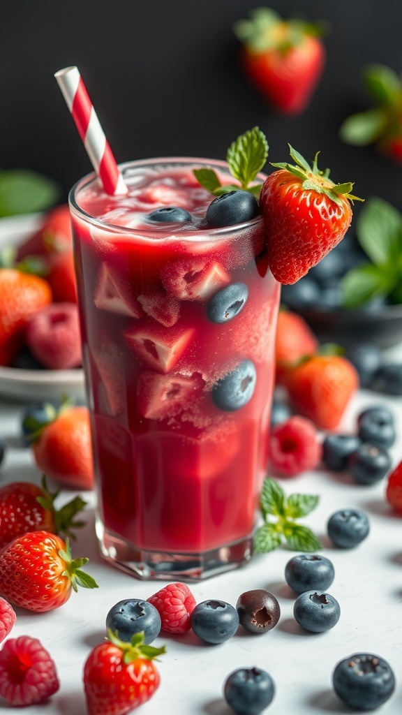 A glass of Berry Blast Juice with strawberries and blueberries around it.