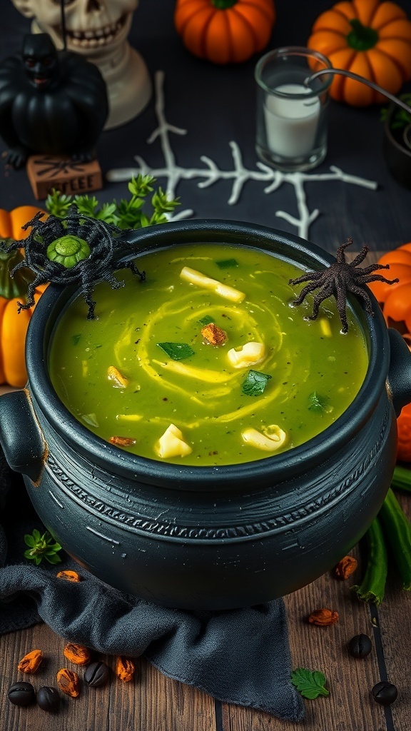 A cauldron of green vegetable soup surrounded by Halloween decorations