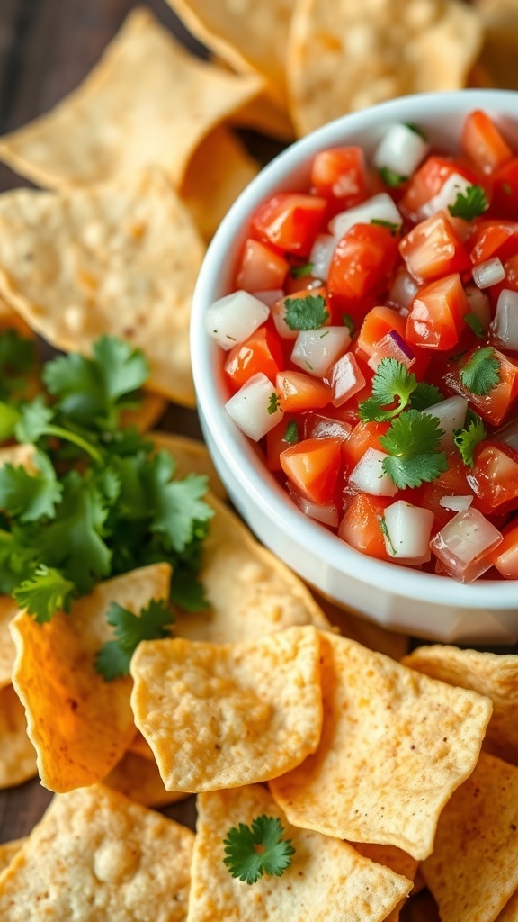 A bowl of Pico de Gallo surrounded by crispy tortilla chips.