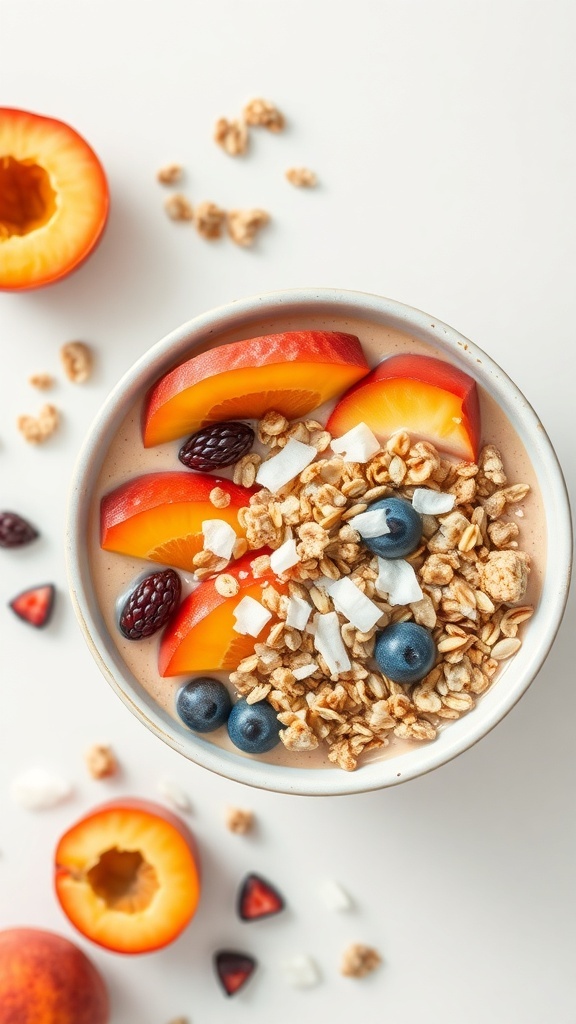 A colorful apricot smoothie bowl topped with fresh fruit, granola, and coconut.