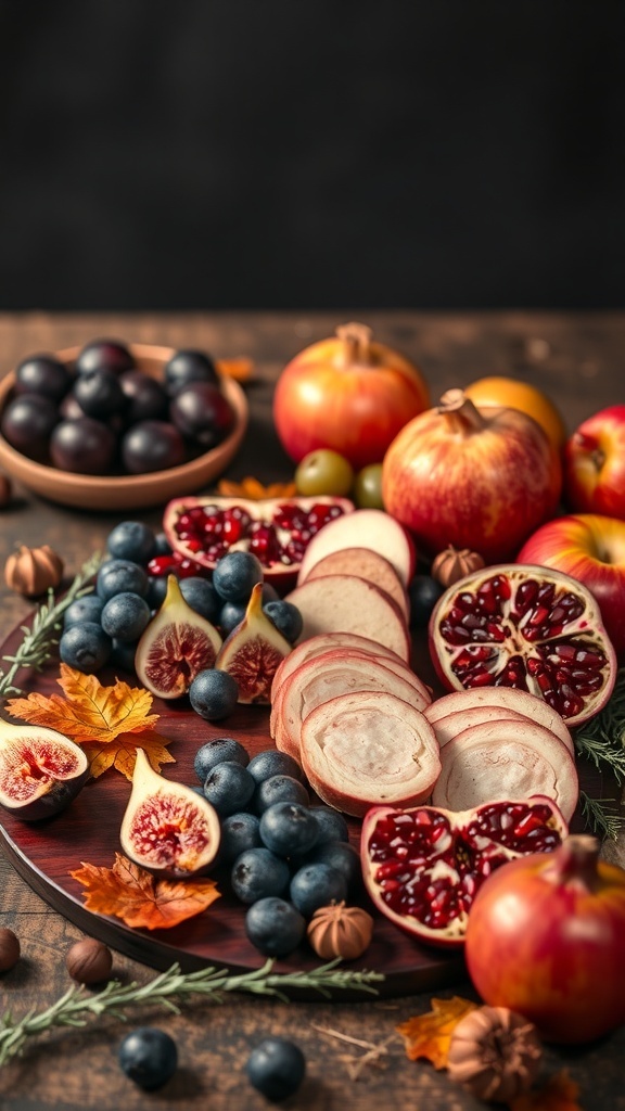 A vibrant fall charcuterie board featuring apples, grapes, figs, blueberries, and pomegranates.