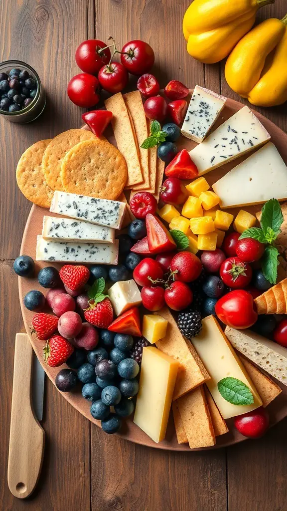 A vibrant charcuterie board featuring seasonal fruits and a variety of cheeses.