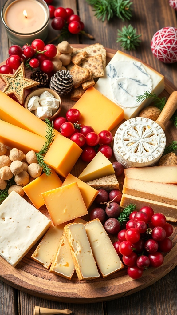 A beautifully arranged Christmas charcuterie board featuring various cheeses, fruits, and decorative elements.