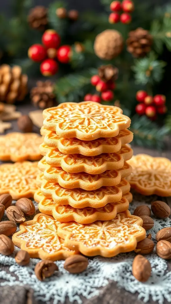 A stack of nutty pizzelle cookies surrounded by nuts and festive decorations.