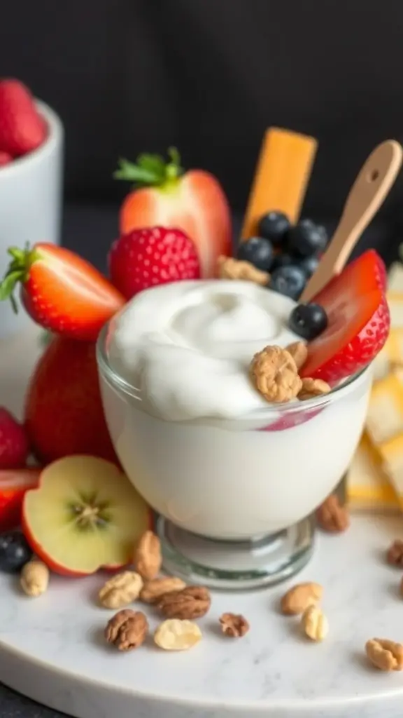 A charcuterie cup filled with yogurt, strawberries, blueberries, apple slices, and nuts.