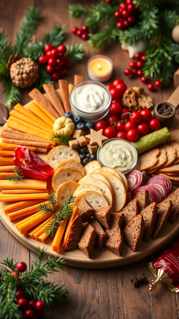 A beautifully arranged Christmas charcuterie board with cheeses, meats, fruits, and festive decorations.