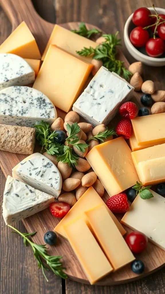 A beautifully arranged gourmet cheese board featuring various types of cheese, fruits, and nuts.