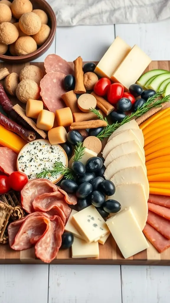 A colorful charcuterie board featuring various meats, cheeses, olives, and vegetables.
