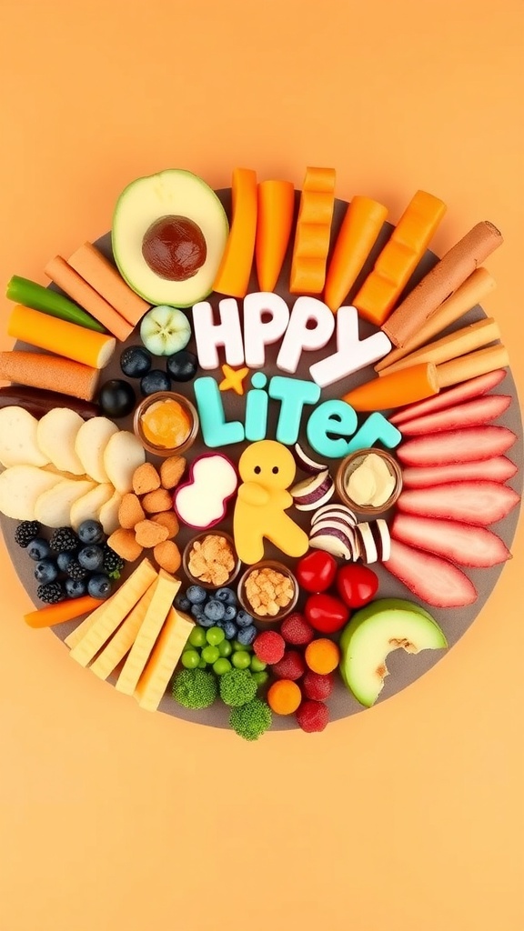 A colorful charcuterie board for kids featuring fruits, vegetables, cheese, and fun snacks.