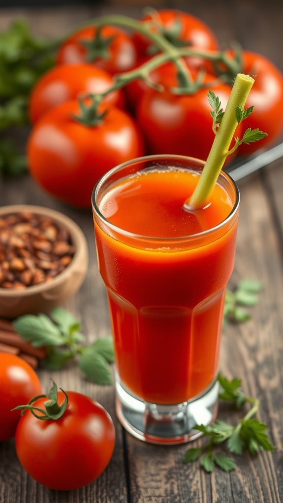 A glass of spicy tomato juice with a celery stick, surrounded by fresh tomatoes and herbs.