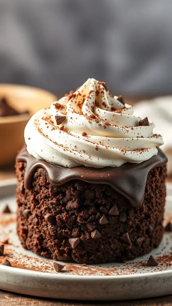 Chocolate Chipotle Cake topped with whipped cream and chocolate chips