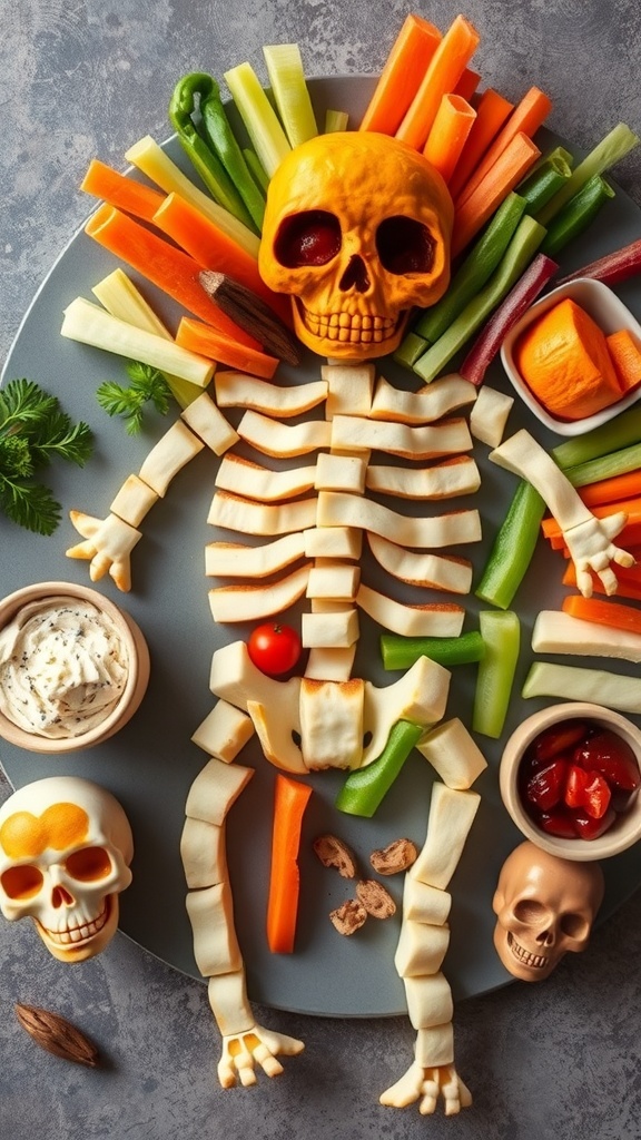 A creative skeleton veggie platter made with various vegetables and a pumpkin skull, perfect for Halloween.