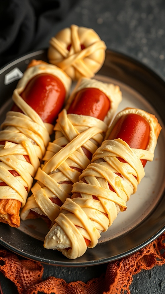 A plate of mummy hot dogs wrapped in crescent roll dough, resembling mummies, with mustard eyes.
