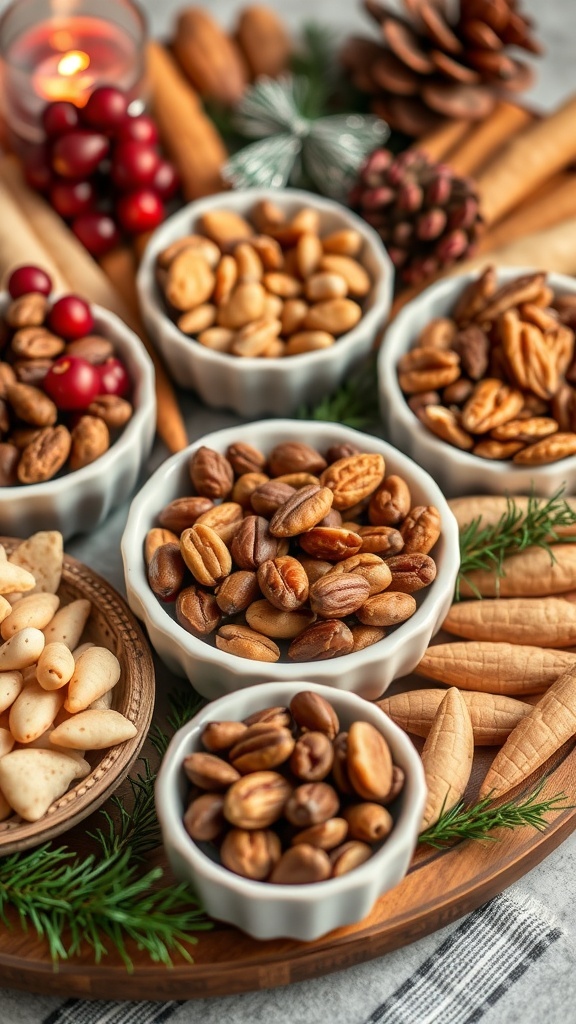 A variety of nuts and seeds arranged in small bowls on a charcuterie board.