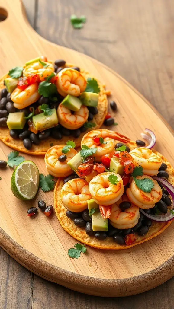 Two shrimp tostadas topped with black beans, avocado, and cilantro on a wooden platter.