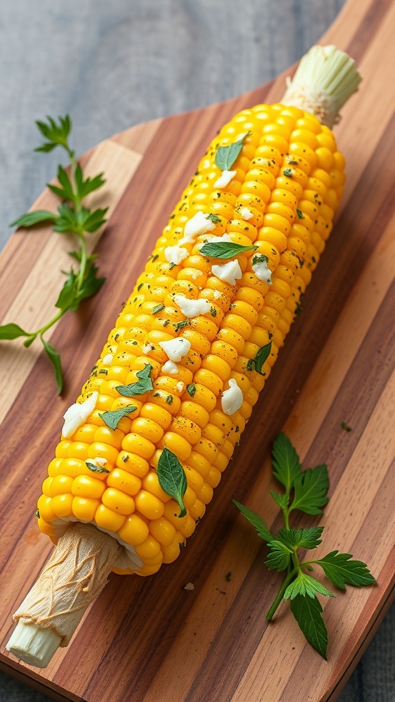 Garlic butter roasted corn on the cob topped with herbs on a wooden cutting board