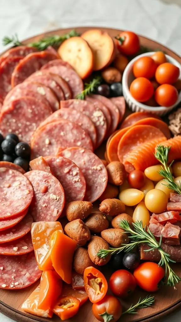A charcuterie board featuring various meats, cheeses, and colorful accompaniments.