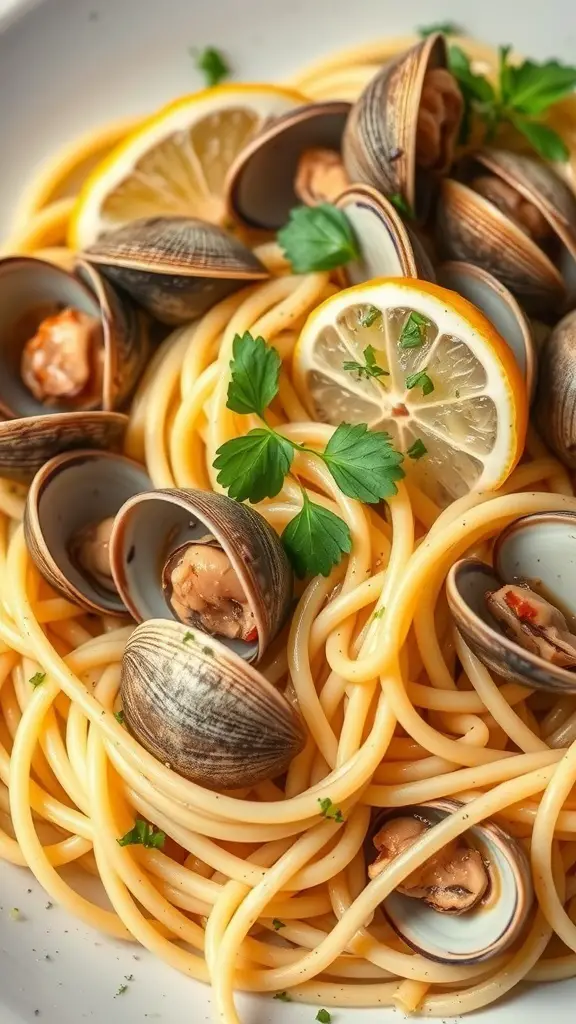 A plate of linguine with clams, garnished with lemon and parsley.