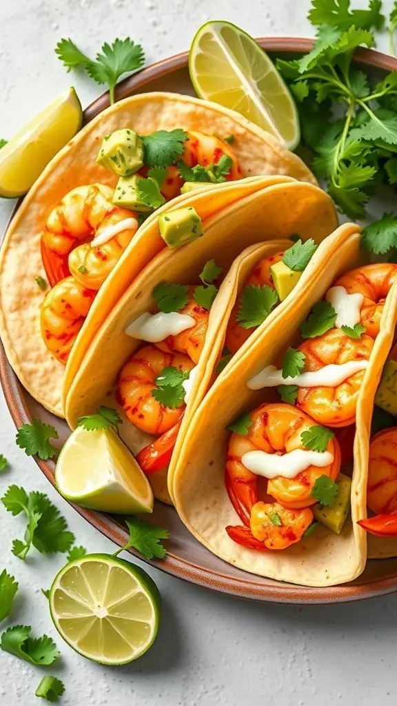 Three spicy shrimp tacos with avocado crema, garnished with cilantro and lime wedges.