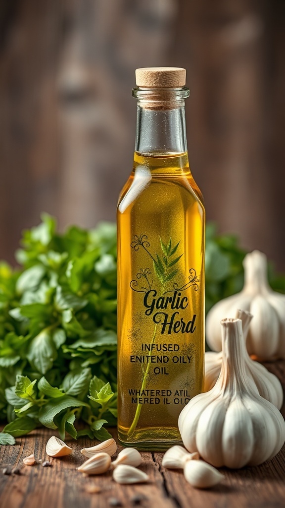 A bottle of garlic and herb infused oil surrounded by fresh garlic and herbs.