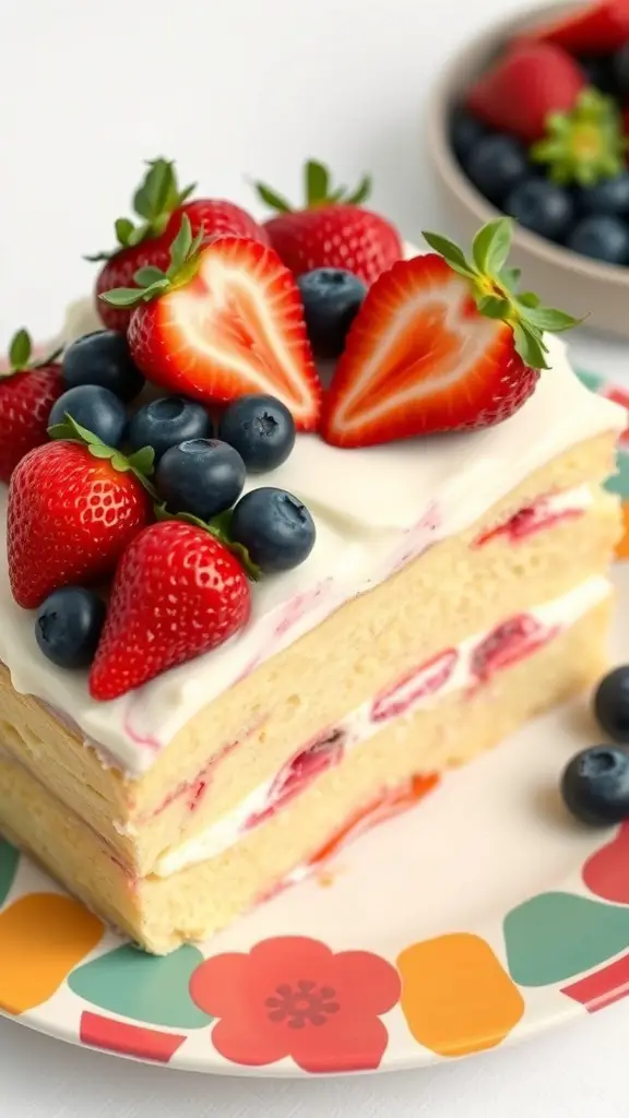 Slice of Tres Leches Cake topped with strawberries and blueberries on a colorful plate.