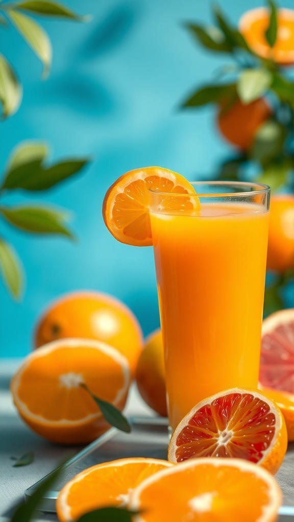 A glass of Citrus Sunrise Juice with oranges and grapefruits around it.