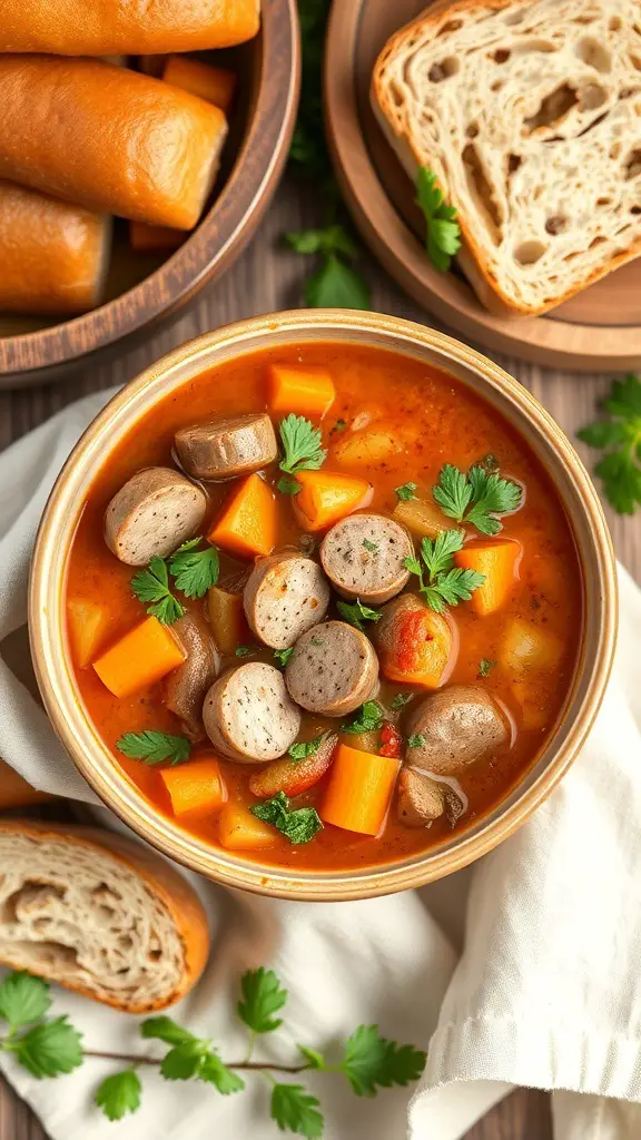 A bowl of zesty Italian sausage soup with vegetables and sausage slices, accompanied by bread rolls.