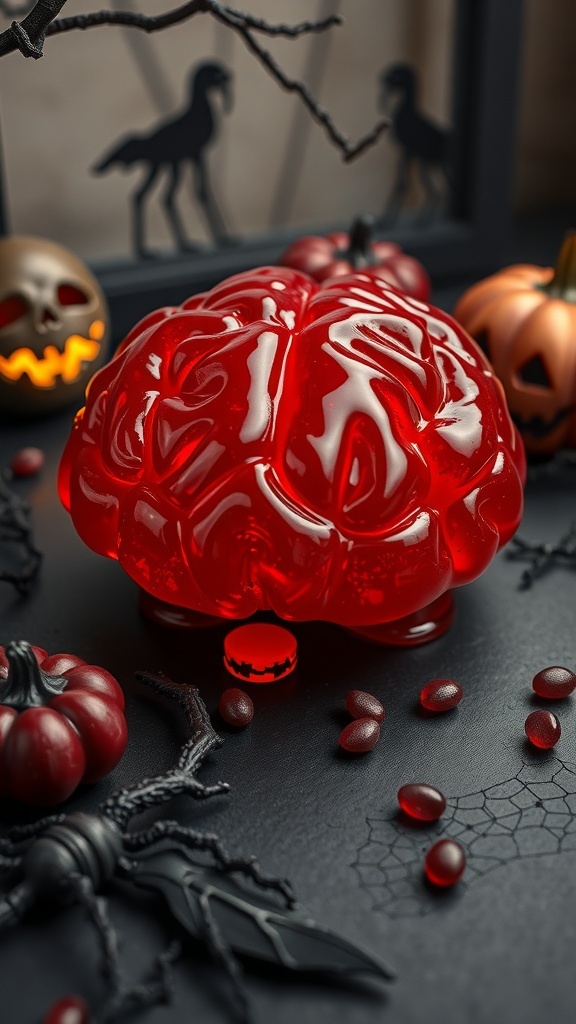 A spooky red jello shaped like a brain, surrounded by Halloween decorations.