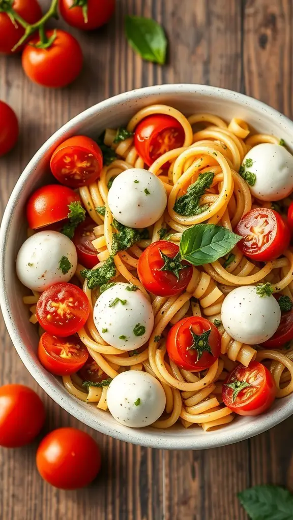 A bowl of pesto pasta salad with cherry tomatoes and mozzarella balls on a wooden table.