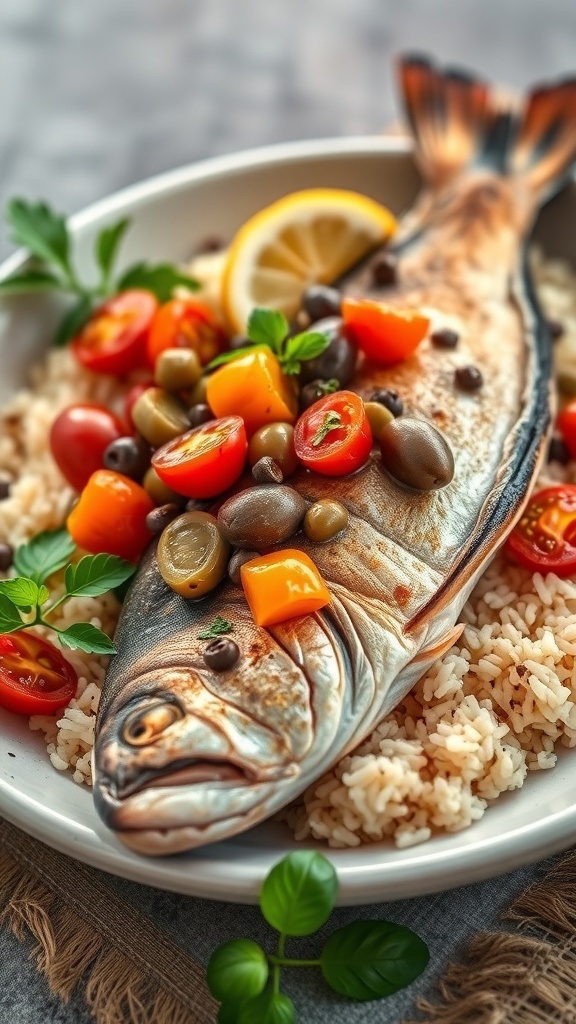 A whole fish topped with tomatoes and olives, served over rice.