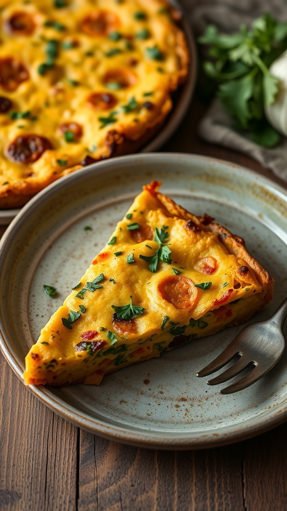 A slice of Sweet Potato Air Fryer Frittata on a plate, garnished with herbs.