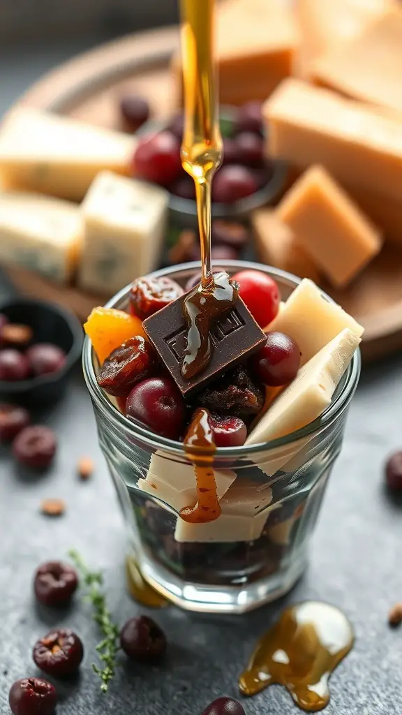 A charcuterie cup featuring cheese, grapes, chocolate, and honey.