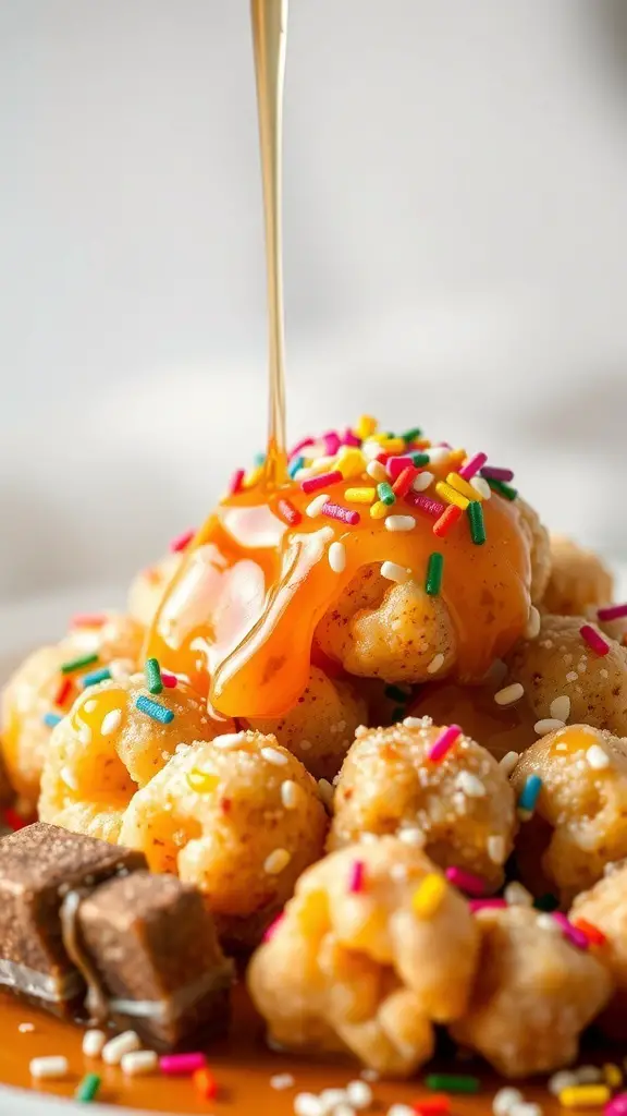 Cinnamon-spiced struffoli drizzled with honey and topped with colorful sprinkles
