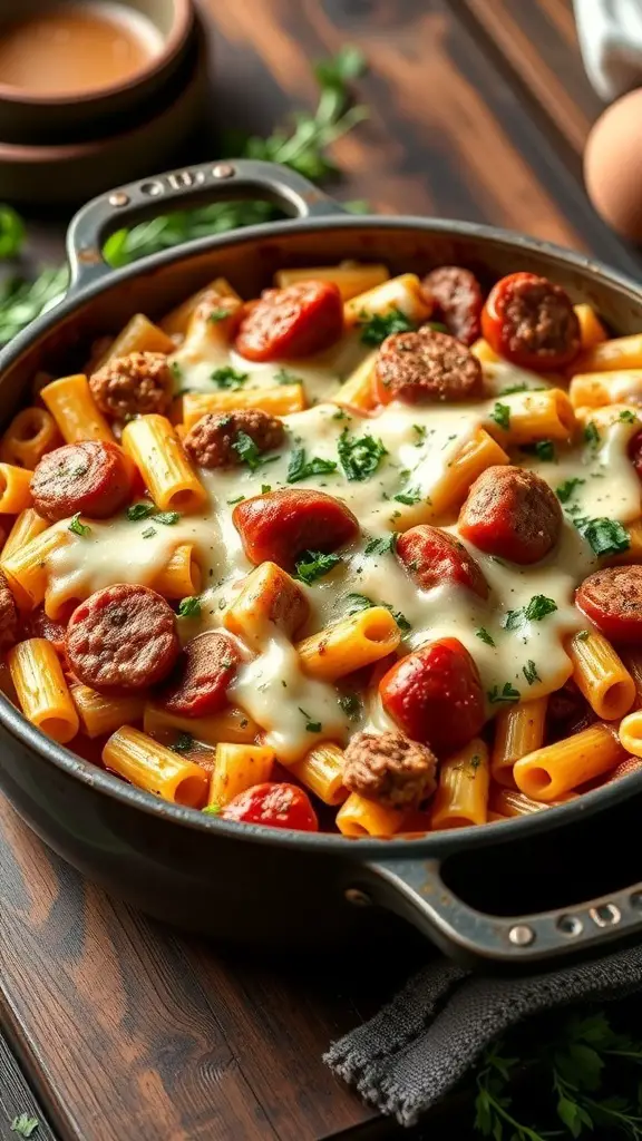 A delicious Spicy Italian Sausage Pasta Bake with rigatoni, sausage, cherry tomatoes, and melted cheese.