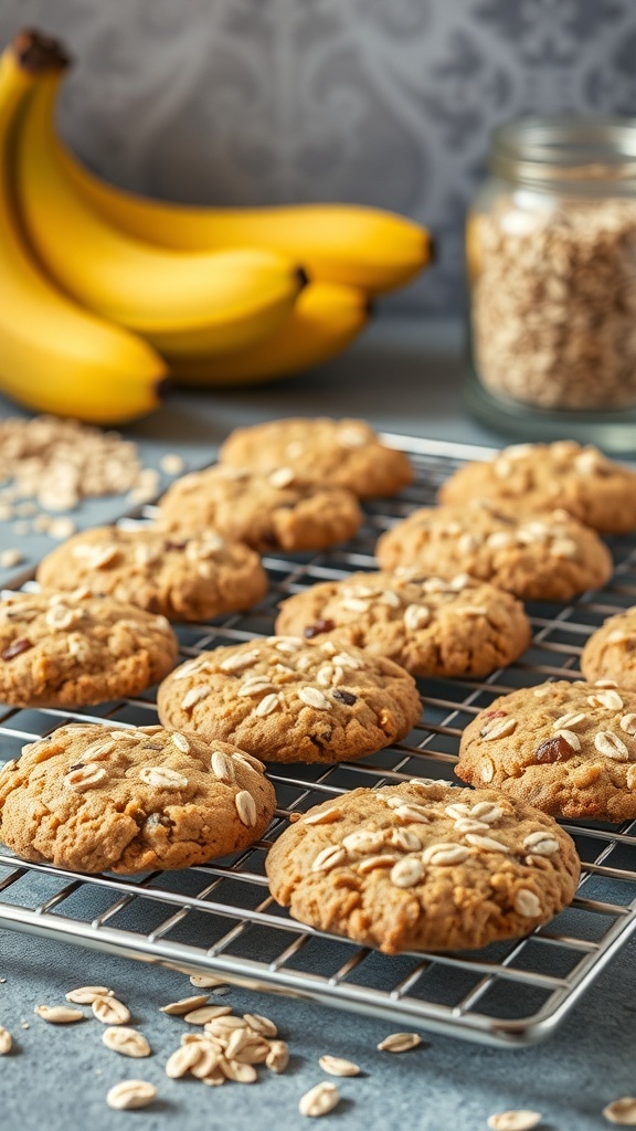 Freshly baked banana oatmeal cookies cooling on a rack with bananas and oats in the background.
