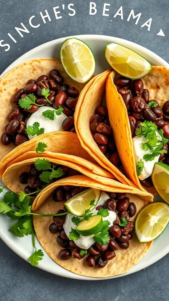 Three spicy black bean tacos topped with avocado crema and lime wedges on a plate.