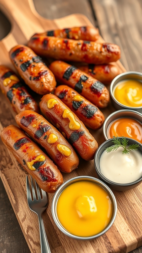 A wooden platter with grilled sausage bites and various mustard dips.