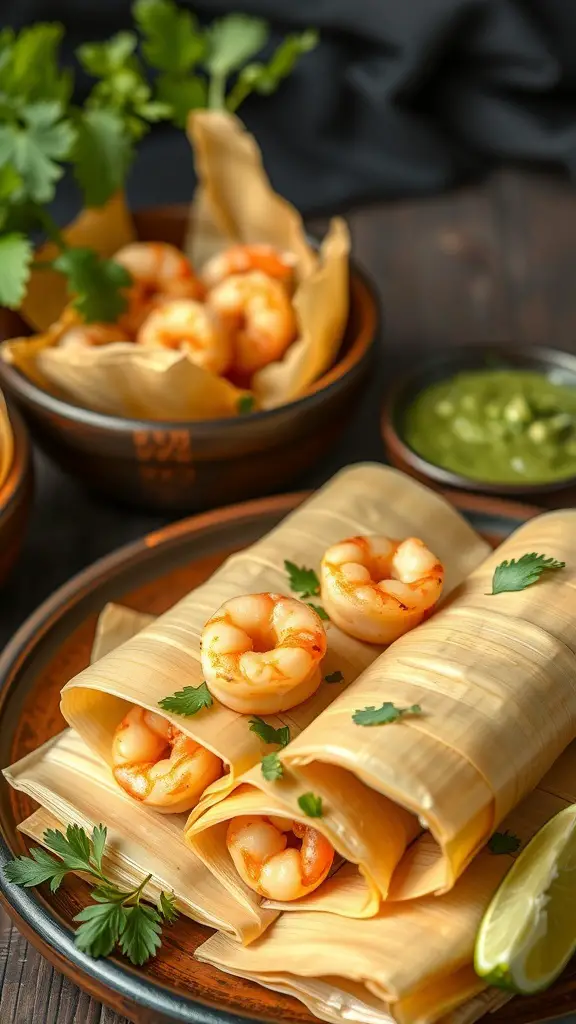 Shrimp tamales with salsa verde and fresh cilantro